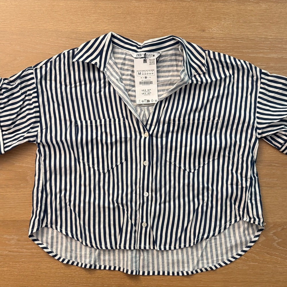 ZARA Striped Linen-Blend Cropped Shirt – NWT